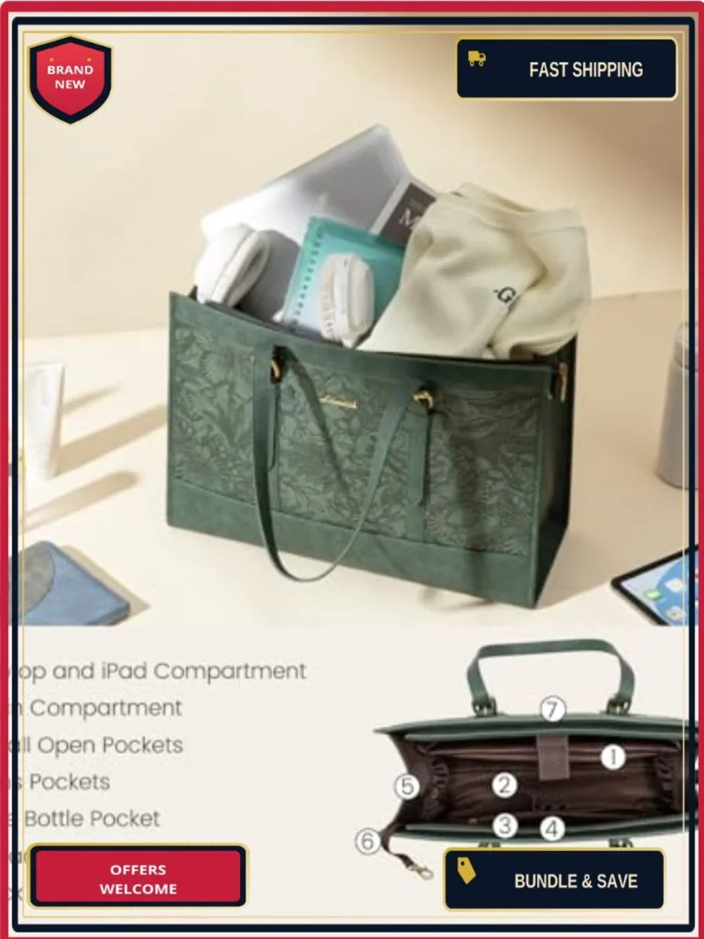 Vintage PU Leather Laptop Tote Bag for Women 15.6 Inch Work Bag